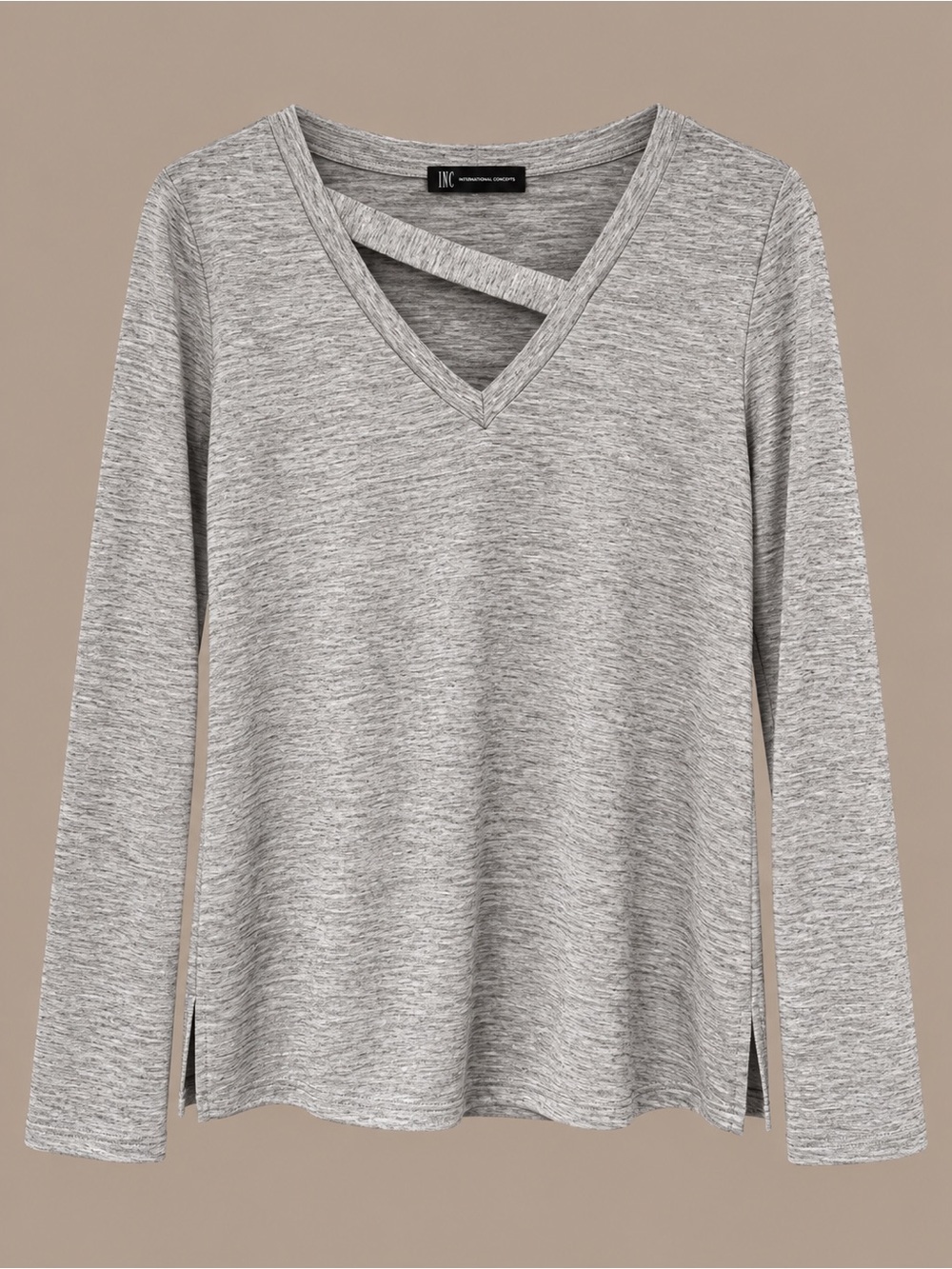 INC International Concepts Heather Gray V-Neck Long-Sleeve Top